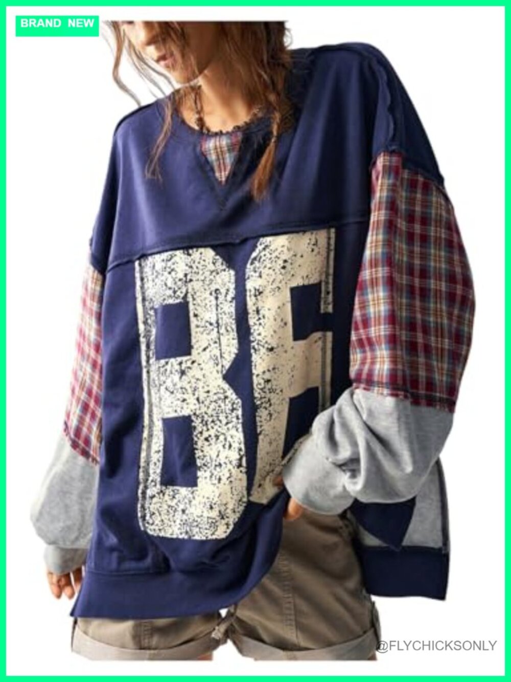 WDIRARA Women's Number Graphic Plaid Patchwork Sweatshirt Crew Neck Loose Fit